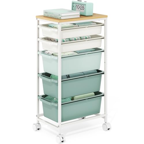 Slim Rolling Storage Cart with 5 Drawers, Craft Organizer, Wooden Tabletop Utility Cart for Bedroom, Children's Room and Office Organization, Table Side Trolley with Lockable Wheels, Green - color: Green, size: 5-Tier