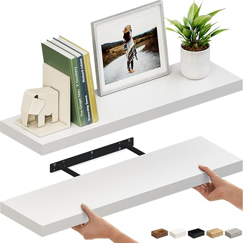 Ballucci Floating Shelves for Wall, 36" Wood Wall Shelf Set of 2, with Invisible Brackets for Bathroom, Living Room, Bedroom, Kitchen, Nursery, 8" Deep, White - color: White, size: 35.4 inches