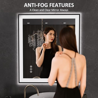 LOAAO 32"X36" LED Bathroom Mirror Black Framed | Anti-Fog, Dimmable, Memory Function, Tempered Glass, Lighted Vanity Mirror for Wall - size: 32"L x 36"W