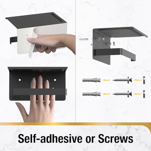 HITSLAM Toilet Paper Holder with Phone Shelf Matte Black, Adhesive or Screw Wall Mount Toilet Paper Roll Holder, Rustproof Stainless Steel Toilet Tissue Holder for Bathroom, Kitchen - color: Black