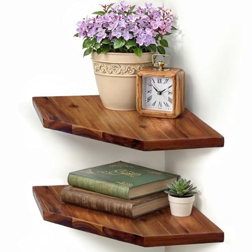 Demigo Corner Shelf Wall Mount, 2-Pack Acacia Wood Floating Corner Shelves | 11.8 x 16.5 in Wall Mounted Triangle Shelves for Bedroom, Living Room, Bathroom & Kitchen, Durable Storage Display Decor - color: Brown