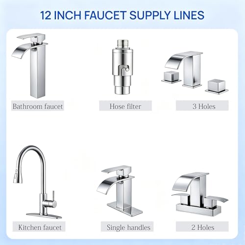 12 Inch Faucet Supply Lines, 3/8 OD Comp (Male) x 3/8 Comp (Female) Connector Braided Stainless Steel Extension Hoses for Bathroom Kitchen Sink（1 Pair）
