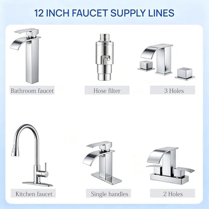 12 Inch Faucet Supply Lines, 3/8 OD Comp (Male) x 3/8 Comp (Female) Connector Braided Stainless Steel Extension Hoses for Bathroom Kitchen Sink（1 Pair）