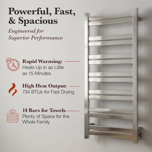 WarmlyYours Milan Heated Towel Rack, 14 Bars, Polished Steel | Wall-mounted hardwired electric towel warmer for spa-like comfort and luxury bathroom upgrade, dries multiple towels