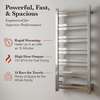 WarmlyYours Milan Heated Towel Rack, 14 Bars, Polished Steel | Wall-mounted hardwired electric towel warmer for spa-like comfort and luxury bathroom upgrade, dries multiple towels