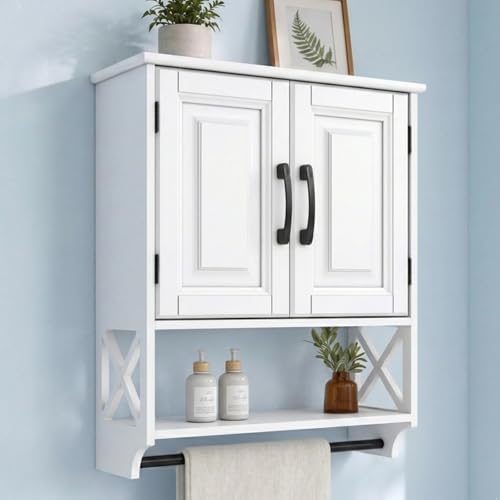 20" x 25" Bathroom Wall Cabinet with Towel Bar, White Painted Wall Mounted Storage Cabinet with Adjustable Shelf, Over The Toilet Medicine Cabinet, Wood Wall Cabinet for Bathroom Laundry Room - size: 20"D x 7"W x 25"H