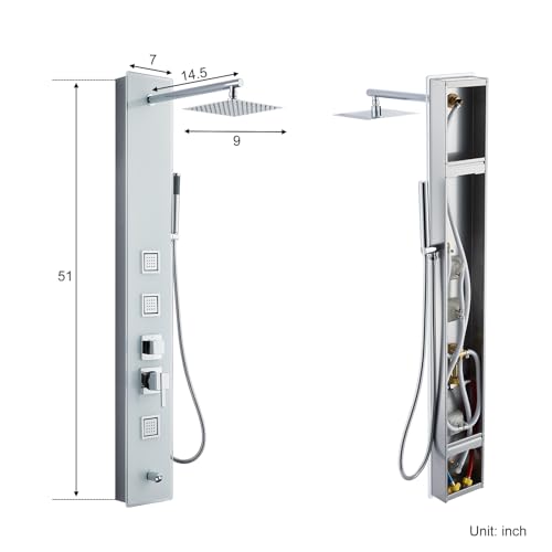 8" Wall Mount Glass Shower Panel Tower System Stainless Steel White | 51 inch Tempered glass shower panel | 8" rain shower head | 14.5" shower arm | 304 stainless steel | Wall mount - style: Square Shower