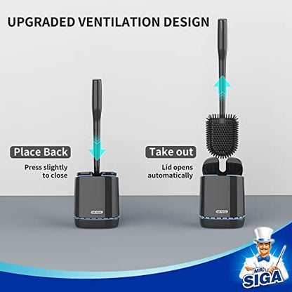 MR.SIGA Toilet Bowl Brush and Holder, Wall Mounted Toilet Brush, Black | Automatic lid design, sturdy handle, upgraded ventilation, flexible thermoplastic rubber head, easy to clean and dry quickly - color: Black, size: 4.8"L x 3.1"W x 15.7"H