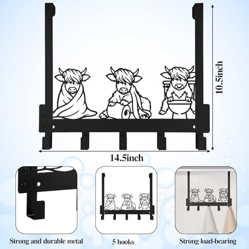 Kathfly Bathroom Highland Cow Over the Door Hooks Towel Hooks Heavy Duty Hanging Towel Rack Over Door Hanger, 5 Coat Hanger for Bedroom Bathroom Kitchen - color: Black, style: Bathroom Highland Cow