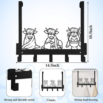 Kathfly Bathroom Highland Cow Over the Door Hooks Towel Hooks Heavy Duty Hanging Towel Rack Over Door Hanger, 5 Coat Hanger for Bedroom Bathroom Kitchen - color: Black, style: Bathroom Highland Cow