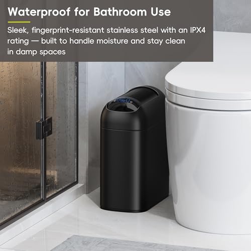 EKO Astro Slim Sensor Trash Can, 10L / 2.6 Gallon Touchless Garbage Bin with Soft-Close Retractable Wing Lid, Motion Sensor Stainless Steel Trash Can for Bathroom and Office, Waterproof, Black - size: Astro 10L-Matte Black