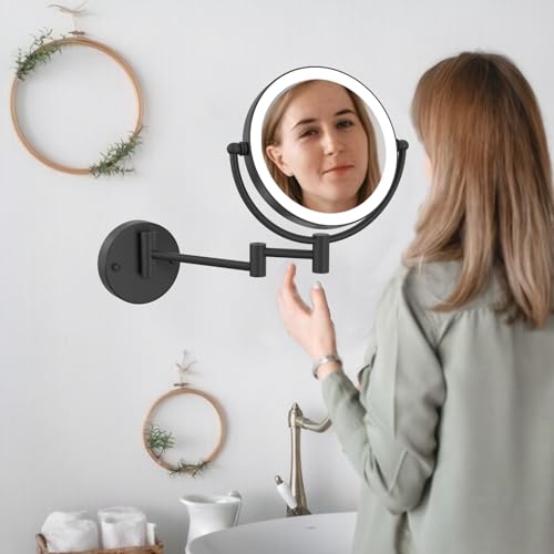 8" Wall Mounted Lighted Makeup Vanity Mirror, 10X Magnifying, Matte Black | Double-Sided, Bathroom, Touch Dimming, 3 Color Lighting, Brass Extendable Arm 360 Swivel Shaving, Hardwired - color: Matte Black