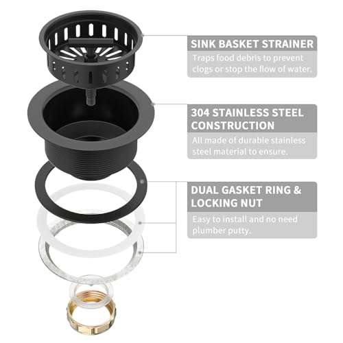 KONE Black Kitchen Sink Drain Matte Black Sink Strainer 3-1/2 Inch Drain Assembly Kit Replacement for Universal 3.5 Inch Kitchen Sink, All Stainless Steel Body with Strainer Basket and Drain Stopper - color: Pure Black