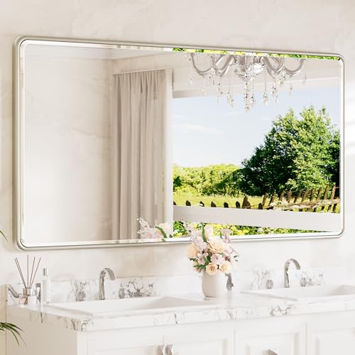 Brushed Nickel Framed Bathroom Mirror 72 x 36 Large Beveled Edge Tempered Glass, Rounded Corner Rectangle Bathroom Mirror for Modern Bathroom, Living Room, Bedroom, Entryway - color: Brushed Nickel, size: 36"L x 72"W