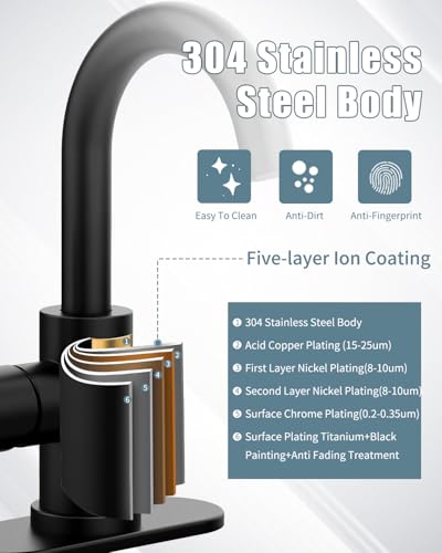 Black Bathroom Faucet with Pop-up Sink Drain Stopper, Stainless Steel Bathroom Sink Faucet, Single Handle 360° Swivel Gooseneck Spout Suitable for Bar Kitchen RV Vanity - color: 1.Matte Black, style: 2 PCS