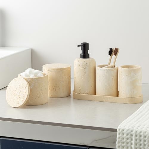 Bathroom Accessories Set, Travertine Stone-Look, 6 PCS, Yellow | Bathroom Accessory Set with Soap Dispenser, Toothbrush Holder, Tumbler, Vanity Tray, Cotton Swab Jars for Countertop - color: Yellow