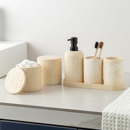 Bathroom Accessories Set, Travertine Stone-Look, 6 PCS, Yellow | Bathroom Accessory Set with Soap Dispenser, Toothbrush Holder, Tumbler, Vanity Tray, Cotton Swab Jars for Countertop - color: Yellow