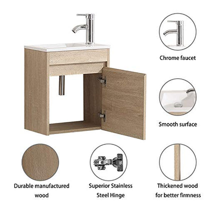 wonline 16" Single Sink Bathroom Vanity, Floating Modern Bathroom Vanity with Sink for Small Space - color: Natural
