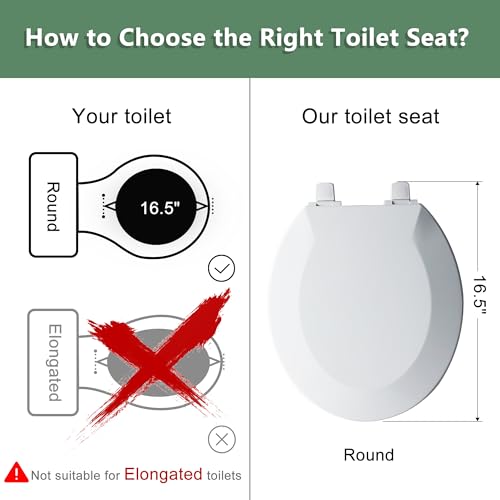 Angol Shiold Round Toilet Seat - Slow Close Hinges, Ergonomic Design with Grip-Tight Bumpers, Safe Easy-Clean PP Material (White, 16.5" Round) - color: White, size: Round 16.5‘’