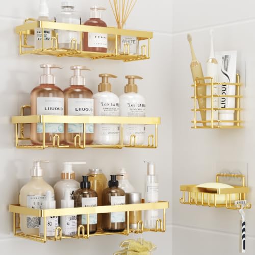 Liuoud 5 Pack Shower Caddy Organizer Rack Shelf for Inside Shower, Self Adhesive Wall Storage Basket Rustproof Stainless Steel Shampoo Holder Bathroom Accessory Decor Set, Gold - color: Gold, size: Large