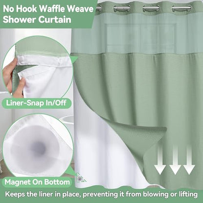 Conbo Mio Extra Long No Hook Sage Green Waffle Weave Shower Curtain with Snap in Liner Set, Hotel Luxury Shower Curtains for Bathroom with See Through Top Window, Waterproof, Washable 71W x 84H - color: Sage Green Style, size: 71"W x 84"L (Pack of 1)