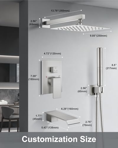 Aolemi Shower System with Tub Spout and Valve Brushed Nickel | 10-Inch Square Wall Mounted Rainfall Shower Head and Handheld,3-Function Bathtub Shower Faucet Set - color: Nickel