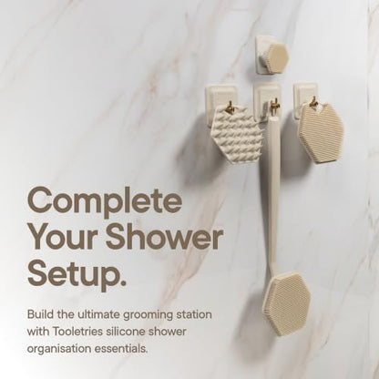 TOOLETRIES The Harvey Toothbrush & Razor Holder - Sand | Silicone bathroom organiser with a reusable adhesive mount for toothbrushes, toothpaste and razors.