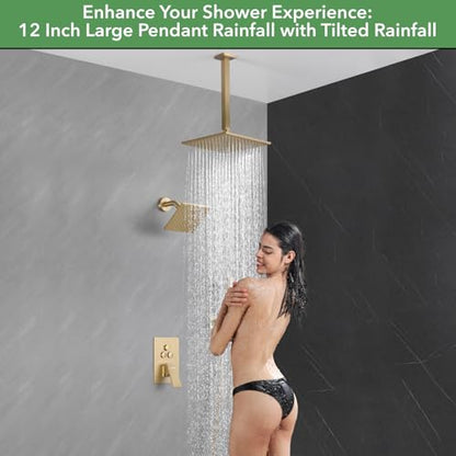 VANFOXLE Shower Faucet Set Brushed Gold Shower System, Push Button Diverter | 12 Inch Ceiling Mount Rain Head Increased Thick, 6 Inch Wall Mount Head, 2-in-1 Handheld Sprayer, Rust Resistant - color: Brushed Gold, style: 12"+6" Head