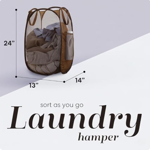 Handy Laundry Collapsible Mesh Pop Up Laundry Hamper with Side Pocket | Sturdy Reinforced Handles, Breathable Foldable Basket for Dorm, Travel, Cruise, Bedroom, 14 x 13 x 24 in, Brown - color: Brown