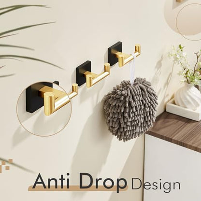 KOKOSIRI Robe Hooks Bath Towel Hooks Bathroom Hardware Double Coat Hooks Wall Mounted, Stainless Steel 3 Pack Black with Gold B1015GDK-P3 - color: Black Gold, size: 3 Pack