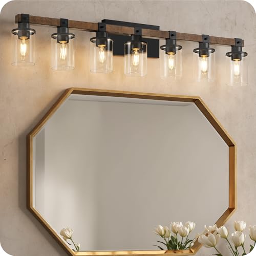 7-Light Bathroom Light Fixture, Farmhouse Vanity Lights for Bathroom with Glass Shade, Rustic Bathroom Light Fixtures, E26 Base F16BD05 - size: 7-Light