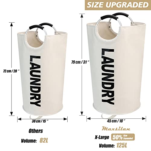 Maxsilan 125L X-Large Laundry Basket Bag, Collapsible Tall Hamper, Beige | Freestanding tall laundry bag & foldable washing basket. Extra large clothes storage bin with durable sturdy handles - color: Beige, size: 125L
