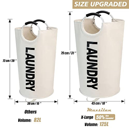Maxsilan 125L X-Large Laundry Basket Bag, Collapsible Tall Hamper, Beige | Freestanding tall laundry bag & foldable washing basket. Extra large clothes storage bin with durable sturdy handles - color: Beige, size: 125L