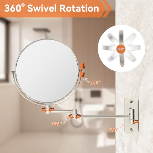 8" Extendable Bathroom Mirror Wall Mount with 1X/10X Magnification, 360° Swivel Double Sided Vanity & Shaving Mirror, Nickel Finish (No Light) - color: Nickel