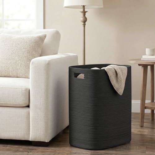 Large Laundry Hamper 16"x13"x22" - Tall Woven Laundry Basket, Cotton Rope Dirty Clothes Hamper, Baby Kids Nursery Wicker Laundry Basket, Bedroom Aesthetic, Soft Laundry Bin, Black Hamper, 75L - color: Black