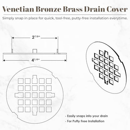 4 ¼” Venetian Bronze Snap-in Shower Drain Cover - Solid Brass Construction - 4.25" OD Drain Strainer - Easy Install - Premium Round Cover - Oil Rubbed Bronze Replacement Grate - color: Venetian Bronze