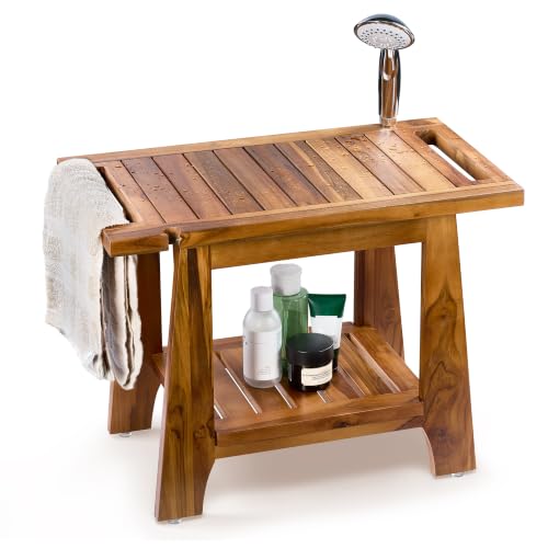 TINAMO 22”L Shower Bench for Inside Shower with Shower Holder, Holds 400LBS | Teak Wood, 400 LBS Capacity, Slatted Design, Built-In Shelf, Handles & Shower Holder, Non-Slip, Water-Resistant, Versatile