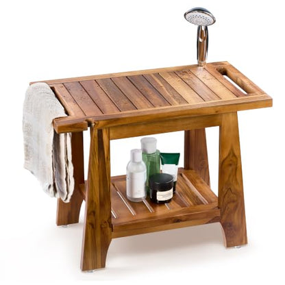 TINAMO 22”L Shower Bench for Inside Shower with Shower Holder, Holds 400LBS | Teak Wood, 400 LBS Capacity, Slatted Design, Built-In Shelf, Handles & Shower Holder, Non-Slip, Water-Resistant, Versatile