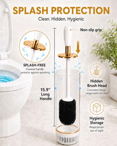 Toilet Brush Set, Dense Nylon Bristles, Wall Mount, Non-Scratch, White Gold | 16.5" Handle | Splash-Proof | Odor-Locking Lid | Ventilated Base | Hideaway Brush Head | Thick ABS | 2 Adhesive - color: White Gold