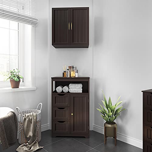 Topeakmart Freestanding Wood Bathroom Floor Cabinet, Espresso | Storage Cabinet with 3 Drawers and Cupboard, for Hallway, Entryway, Living Room, Accent Furniture - color: Espresso
