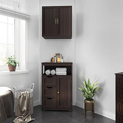 Topeakmart Freestanding Wood Bathroom Floor Cabinet, Espresso | Storage Cabinet with 3 Drawers and Cupboard, for Hallway, Entryway, Living Room, Accent Furniture - color: Espresso