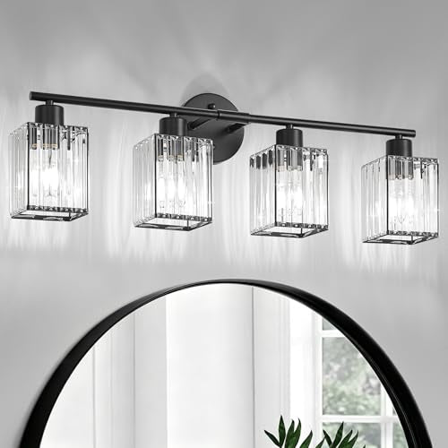 4 Light Bathroom Light Fixtures, Modern Crystal Vanity Lights over Mirror | Metal Frame, Bathroom Light with Square Crystal Shade, ETL Certified, E26 Ceramic Socket, Bulbs Not Included - color: Black, size: 4-Light