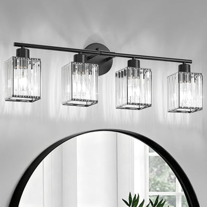 4 Light Bathroom Light Fixtures, Modern Crystal Vanity Lights over Mirror | Metal Frame, Bathroom Light with Square Crystal Shade, ETL Certified, E26 Ceramic Socket, Bulbs Not Included - color: Black, size: 4-Light