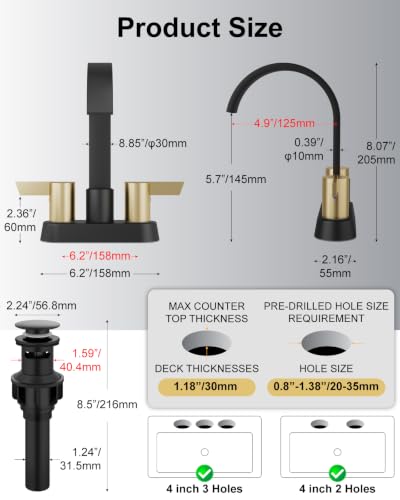 Black and Gold Bathroom Faucet,4 Inch Centerset 2-Handle Waterfall | Includes Pop-Up Drain,24-Inch Supply Lines,Mounting Hardware,SUS304 Stainless Steel Construction,And A 360° Swivel Spout - color: Black and Gold