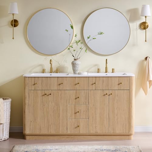 T4TREAM 60" Fluted Bathroom Vanity with Double Sink, Natural Oak | Integrated Resin Sink, 2 Large Storage Cabinets, Adjustable Shelf, 3 Drawers, Three pre-drilled faucet holes, Mid-Century - color: Natural Oak, size: 60" (Bouble Sink)