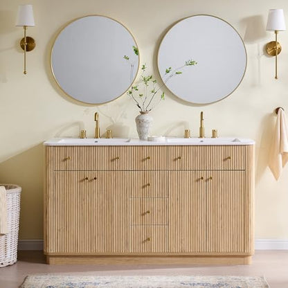 T4TREAM 60" Fluted Bathroom Vanity with Double Sink, Natural Oak | Integrated Resin Sink, 2 Large Storage Cabinets, Adjustable Shelf, 3 Drawers, Three pre-drilled faucet holes, Mid-Century - color: Natural Oak, size: 60" (Bouble Sink)