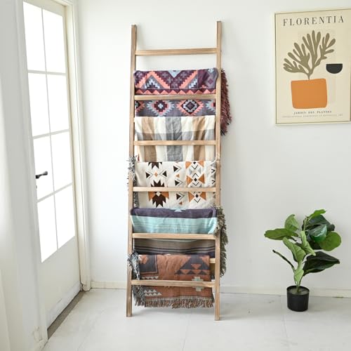 Blanket Ladder, 24 in Wide 11-Rung Wood Rustic Decor Rack | 11 rungs and 24in wide, Solid wood visible grain, Angled lean-to design, Anti-slip support, Living room and bathroom use