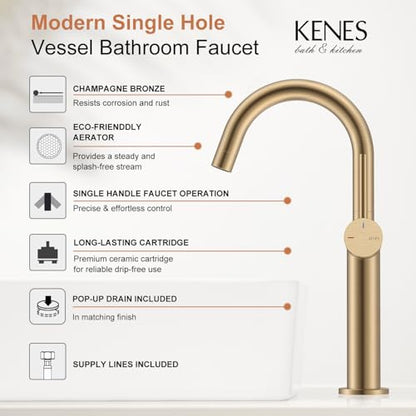 Champagne Bronze Vessel Sink Faucet, 1 Handle Tall Bathroom Faucet | Vessel Bowl Faucet with Pop Up Drain & Supply Lines, Lead-Free cUPC & NSF Certified, 1 Hole Faucet for Vanity RV Restroom - color: Champagne Bronze, size: Tall