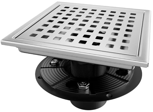 Square Shower Drain Silver Brushed 6 in with Removable Grid Panel | AISI 304 Stainless Steel Shower Floor Drain with Detachable Hair Catcher Flange Lifting Hook Fits Bathroom Balcony Kitchen - color: Stainless Steel, size: 6 inch+Base