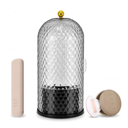Toothbrush Holder with Cover,3 Compartment Rotating Countertop | Dust-Proof Sliding Lid Bathroom Organizer for Toothpaste, Makeup Brushes Holder with Makeup Bag, Vanity Storage – Black